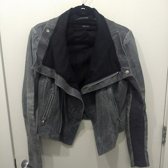 VEDA Max Classic Leather Jacket - Grey/Blue Sz M - Picture 3 of 10